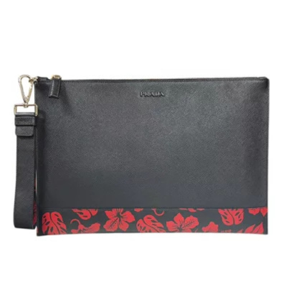 Prada Floral Flower Saffiano leather clutch bag black